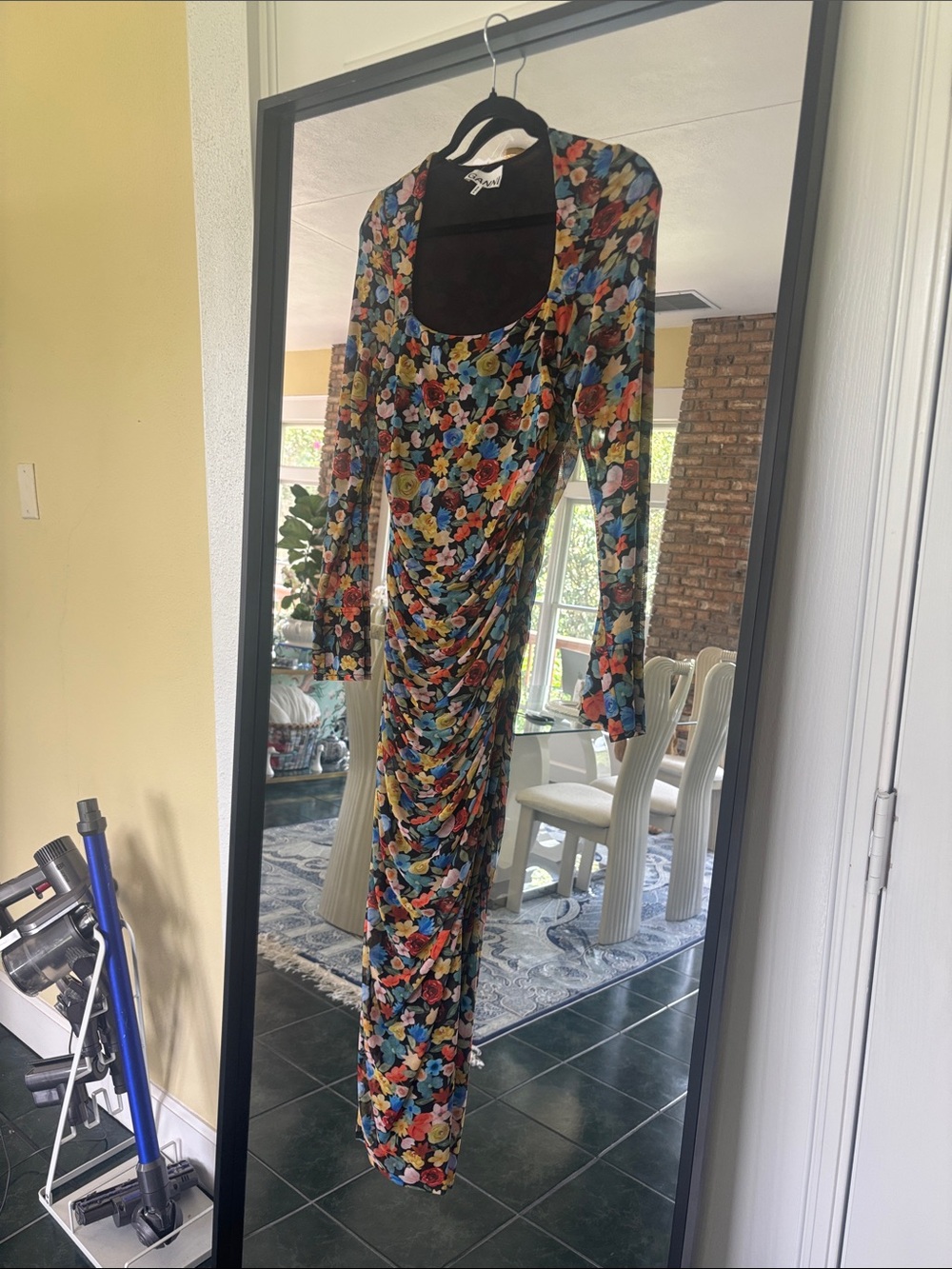 Ganni Multicolor Floral Long Sleeve Scoop-Neck Maxi Dress